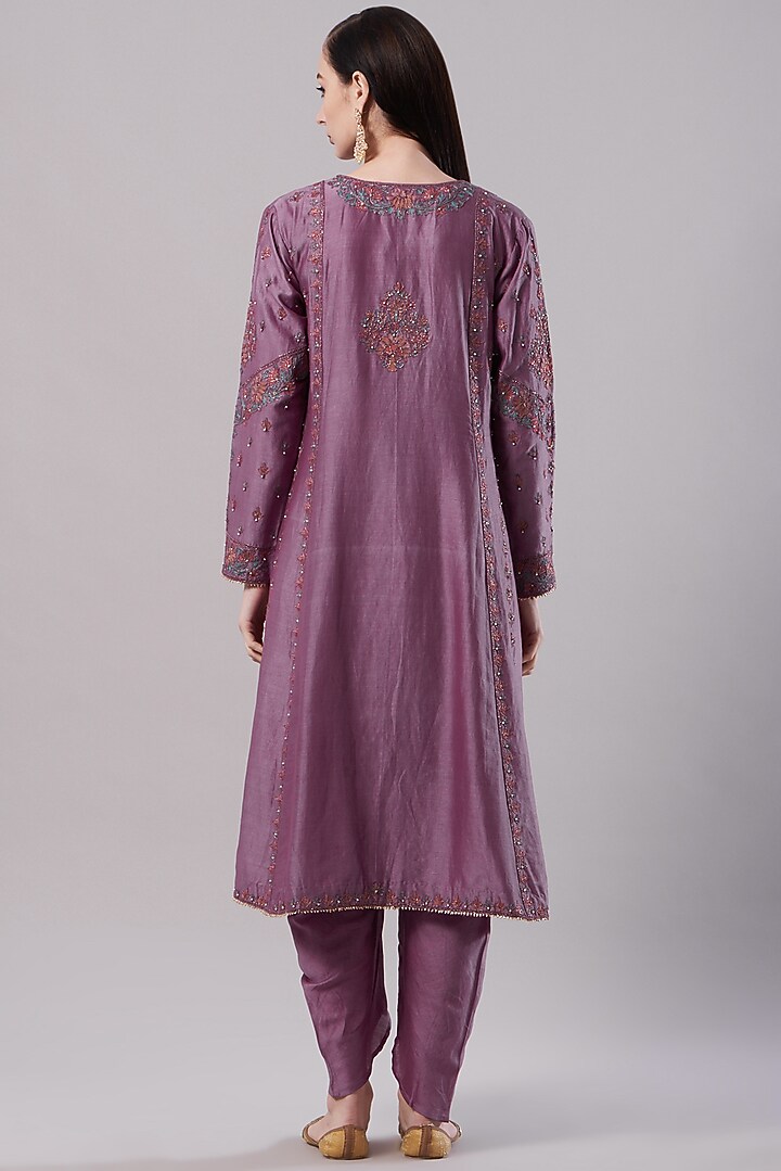 Mauve Embroidered Kalidar Kurta Set by NAMEH BY AMREEN at Pernia's Pop Up Shop