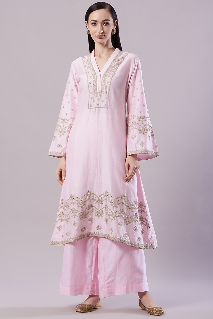 Blush Pink Embroidered A-line Kurta by NAMEH BY AMREEN