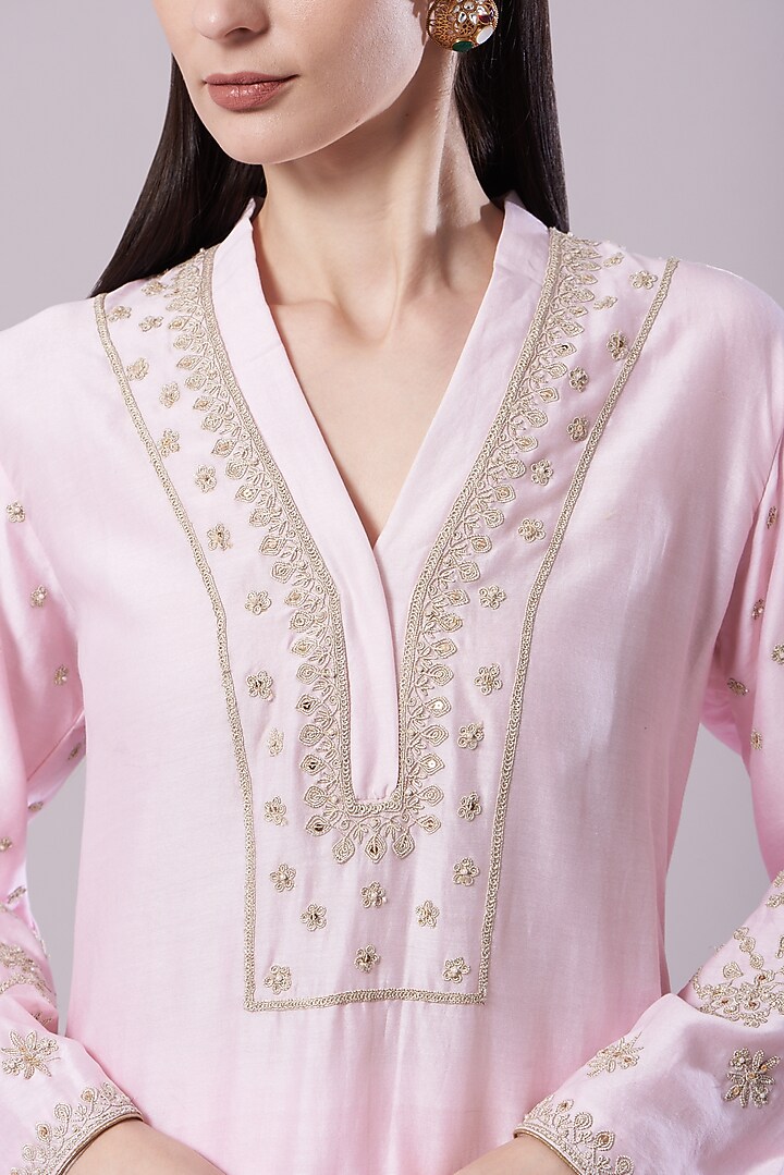 Blush Pink Embroidered A-line Kurta by NAMEH BY AMREEN at Pernia's Pop Up Shop