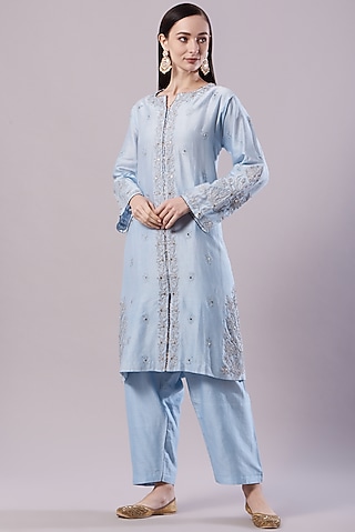 Ocean Blue Embroidered Kurta Set by NAMEH BY AMREEN
