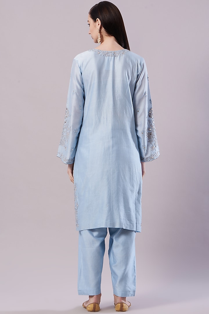 Ocean Blue Embroidered Kurta Set by NAMEH BY AMREEN at Pernia's Pop Up Shop