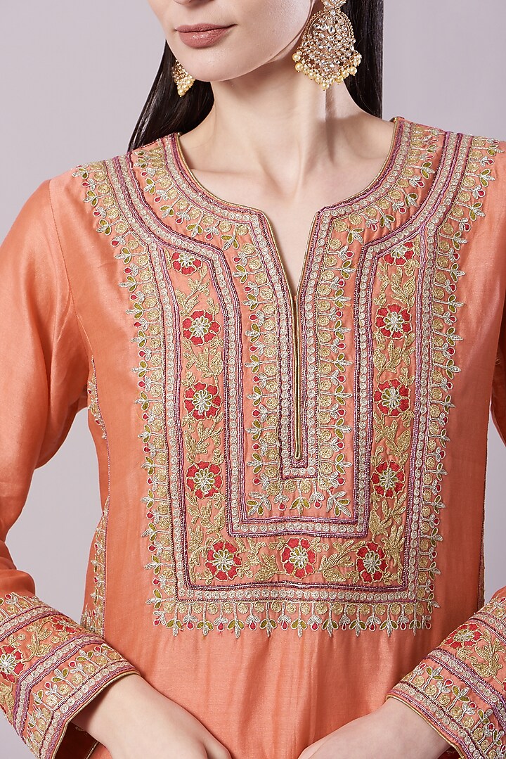 Peach Chanderi Embroidered Kurta Set by NAMEH BY AMREEN at Pernia's Pop Up Shop