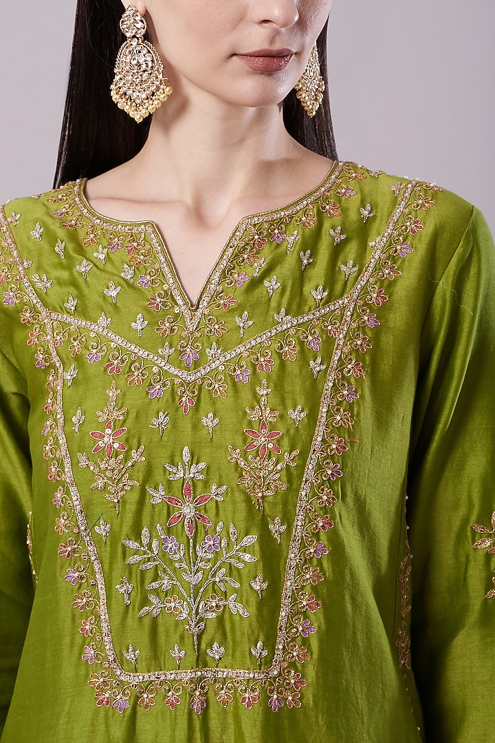 Lime Green Chanderi Embroidered Kurta Set by NAMEH BY AMREEN at Pernia's Pop Up Shop