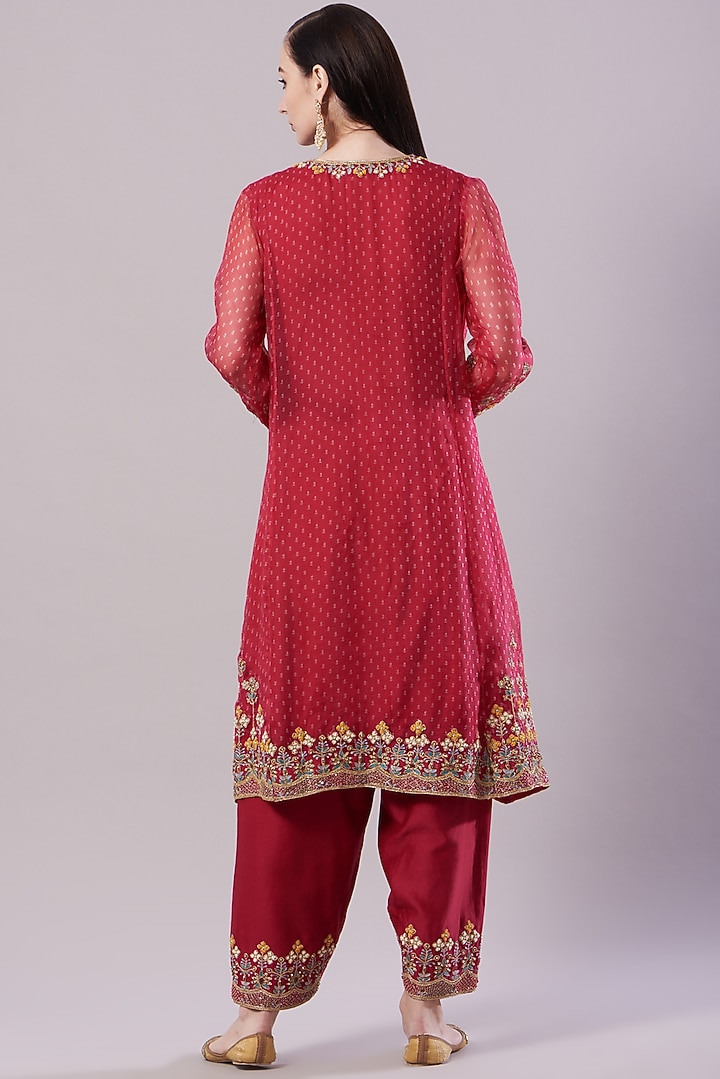 Red Embroidered Kalidar Kurta Set by NAMEH BY AMREEN at Pernia's Pop Up Shop