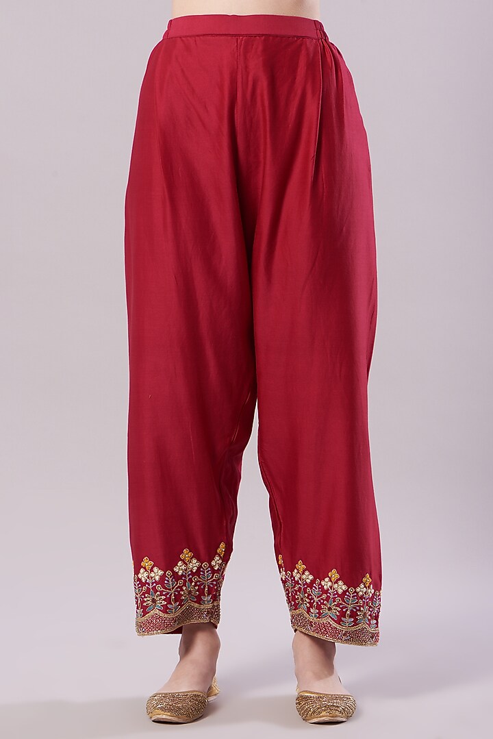 Red Embroidered Kalidar Kurta Set by NAMEH BY AMREEN at Pernia's Pop Up Shop