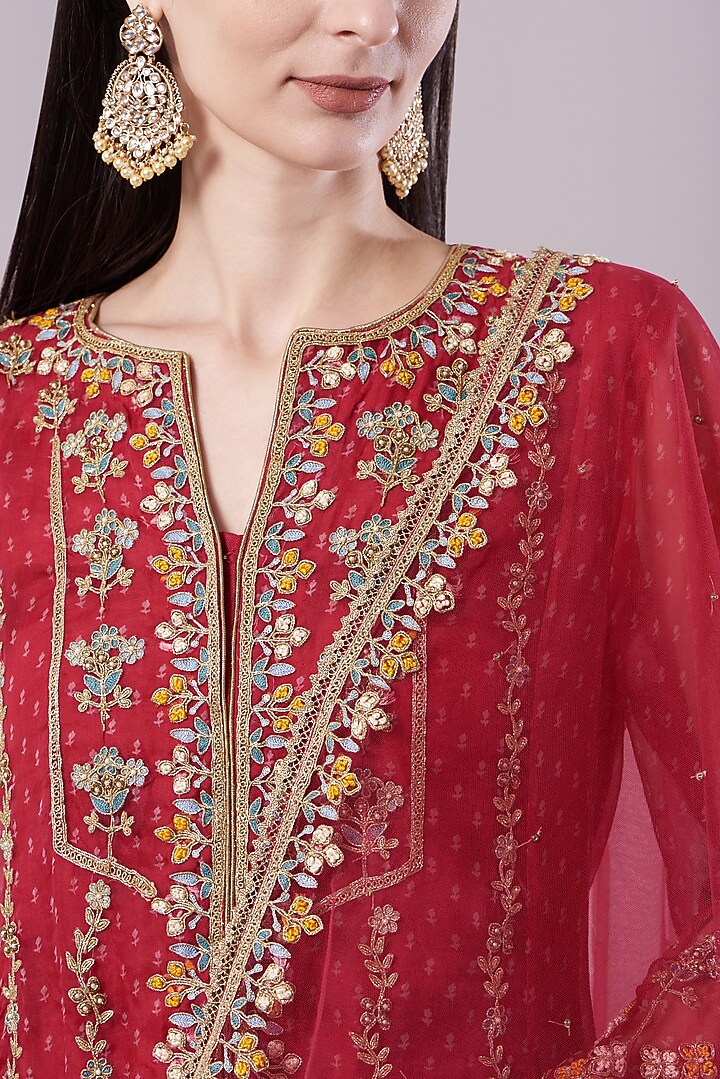 Red Embroidered Kalidar Kurta Set by NAMEH BY AMREEN at Pernia's Pop Up Shop