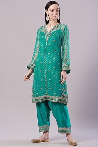 Sea Green Embroidered Bandhani Kurta Set by NAMEH BY AMREEN