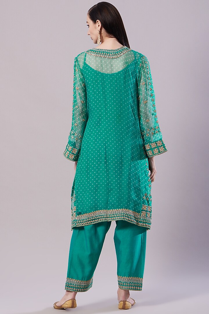 Sea Green Embroidered Bandhani Kurta Set by NAMEH BY AMREEN at Pernia's Pop Up Shop