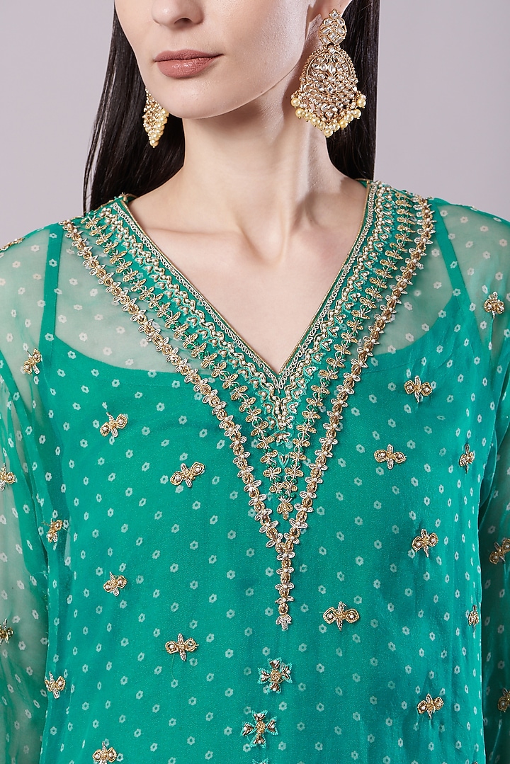 Sea Green Embroidered Bandhani Kurta Set by NAMEH BY AMREEN at Pernia's Pop Up Shop