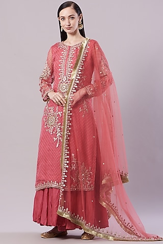 Fuchsia Crushed Chanderi Sharara Set  by NAMEH BY AMREEN