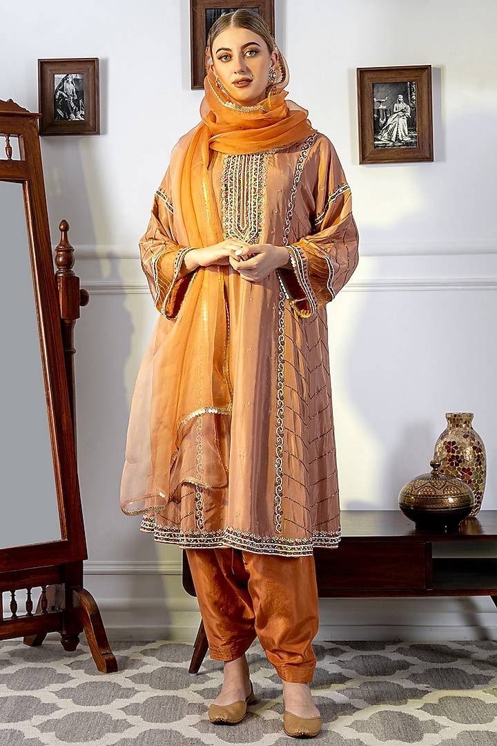 Orange Embroidered Choga Anarkali Set by NAMEH BY AMREEN