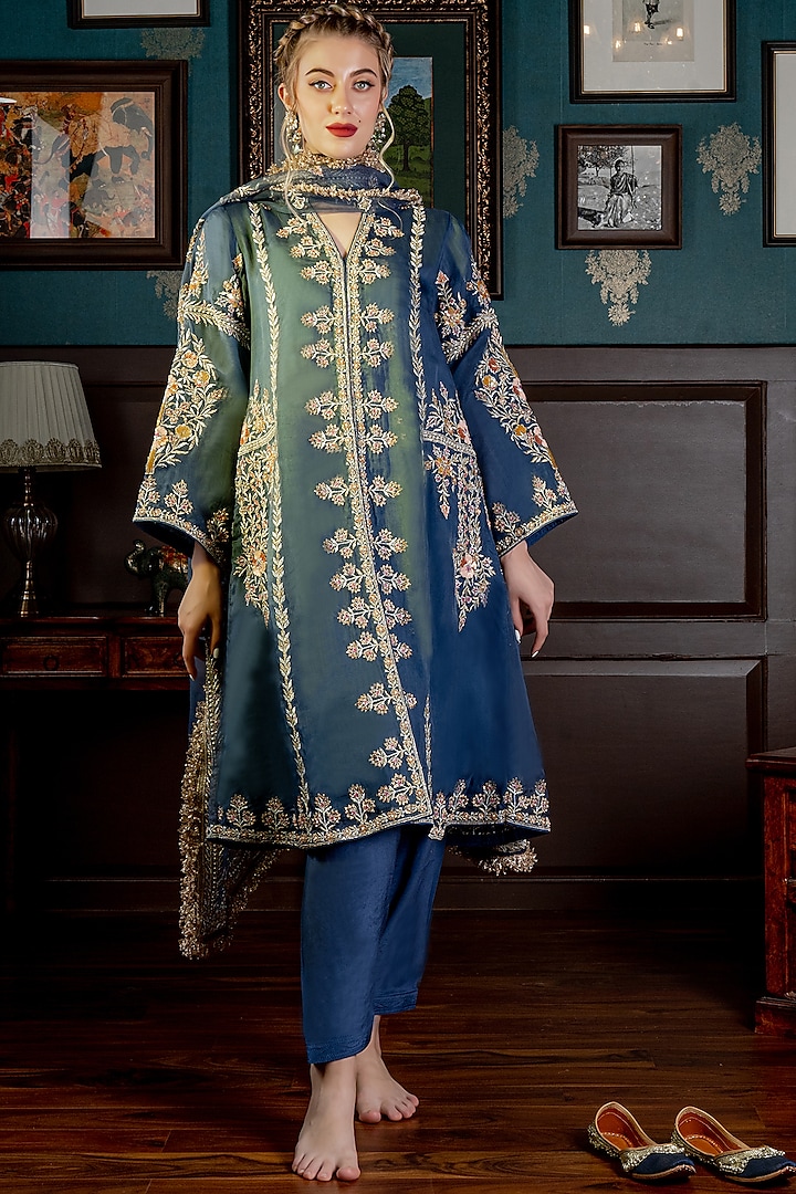 Blue Embroidered Choga Anarkali Set by NAMEH BY AMREEN