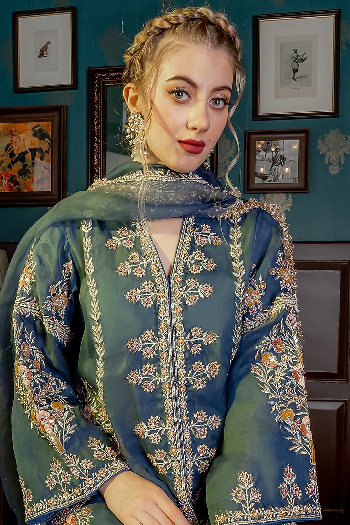 Blue Embroidered Choga Wedding Anarkali Set by NAMEH BY AMREEN at Pernia's Pop Up Shop