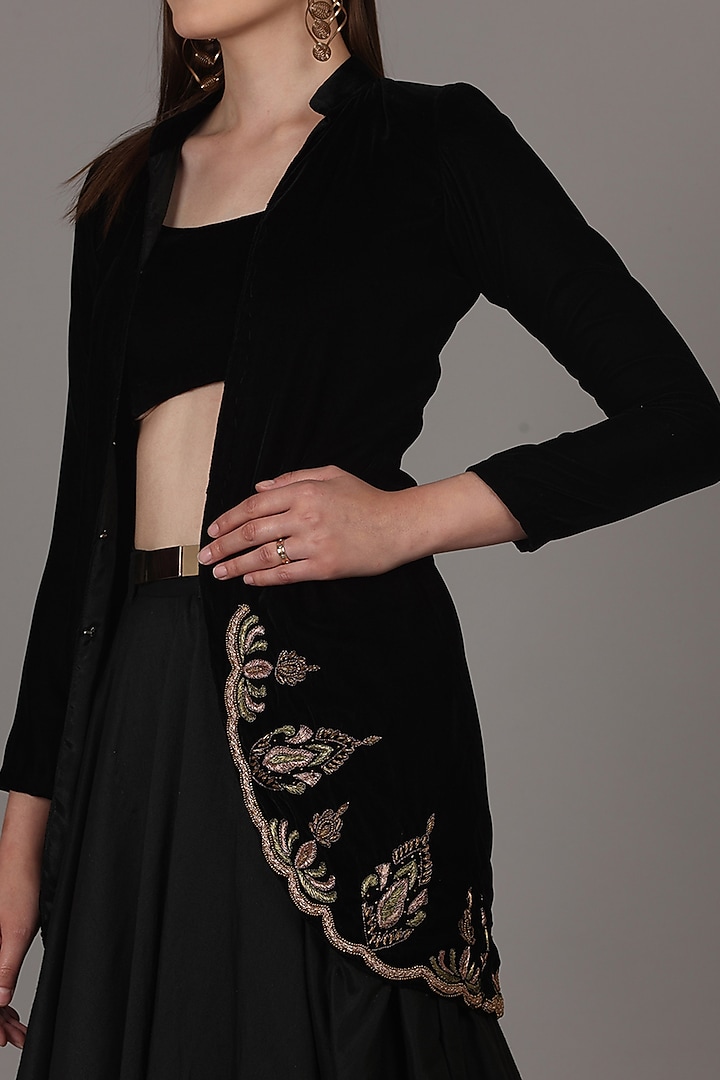Black Velvet & Taffeta Silk Zardosi Hand Embroidered Jacket Lehenga Set by Namah By Parul Mongia at Pernia's Pop Up Shop