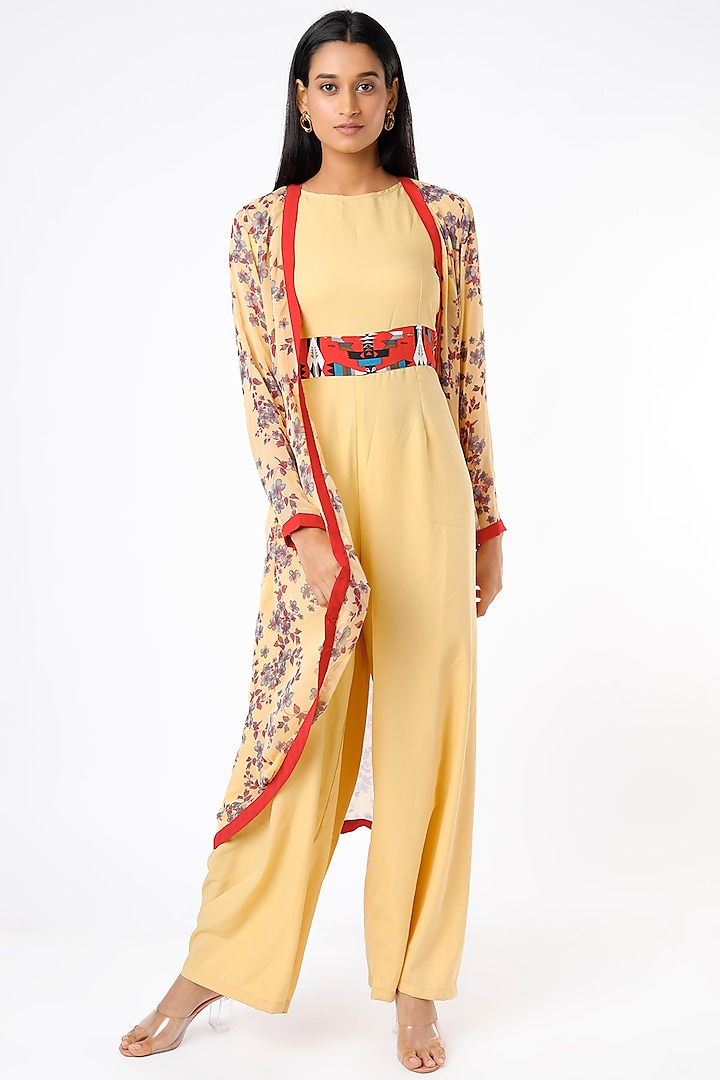 Corn Yellow Jumpsuit With Printed Cape by Namah By Parul Mongia at Pernia's Pop Up Shop