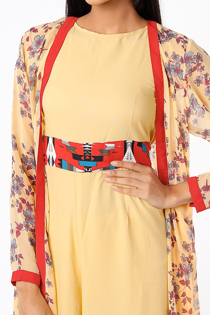 Corn Yellow Jumpsuit With Printed Cape by Namah By Parul Mongia at Pernia's Pop Up Shop