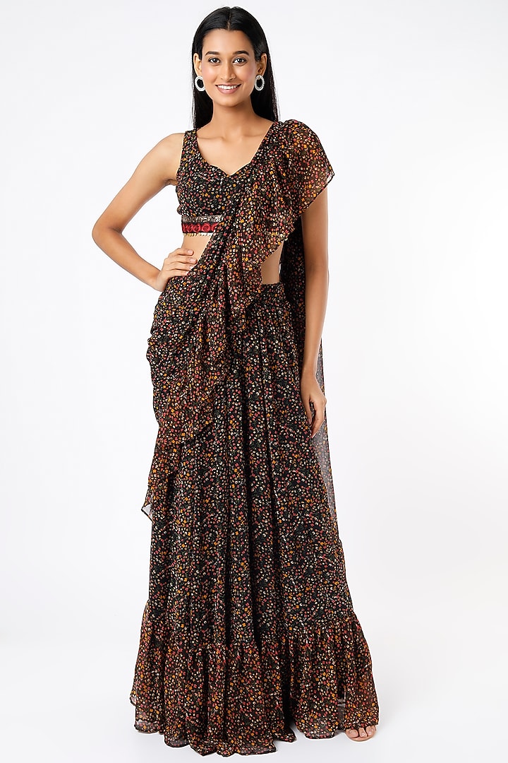 Black Semi-Georgette Floral Printed Ruffled Saree Set by Namah By Parul Mongia
