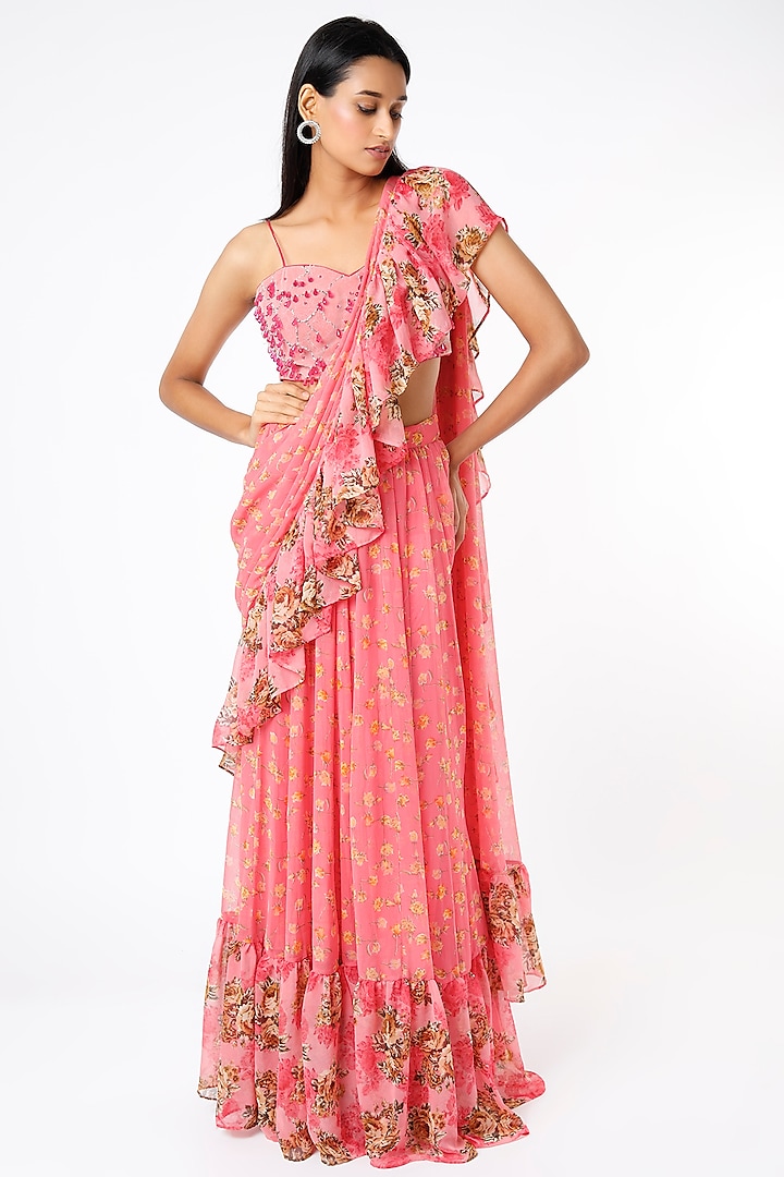 Bubblegum Pink Semi-Georgette Floral Printed Ruffled Skirt Saree Set by Namah By Parul Mongia