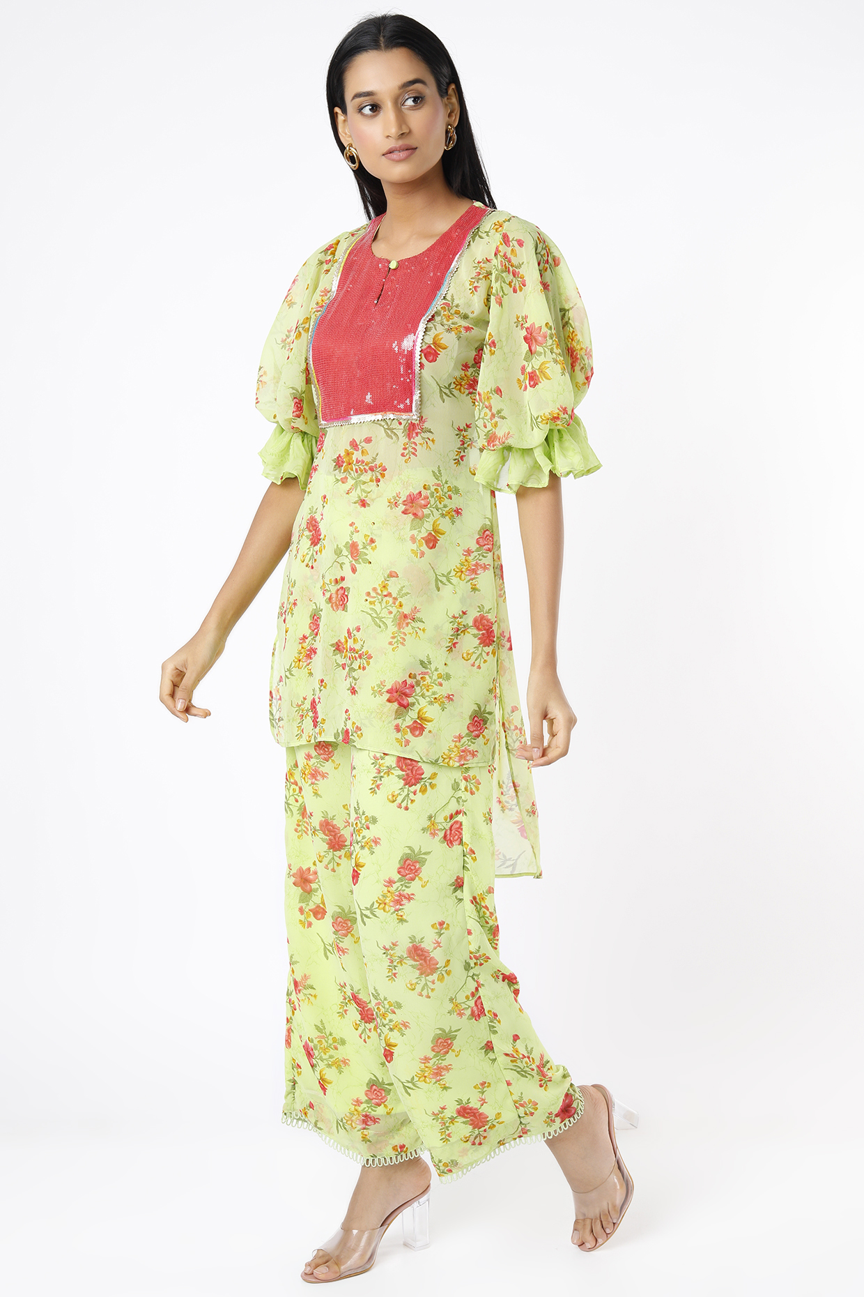 Mint Floral Printed Tunic Set by Namah By Parul Mongia