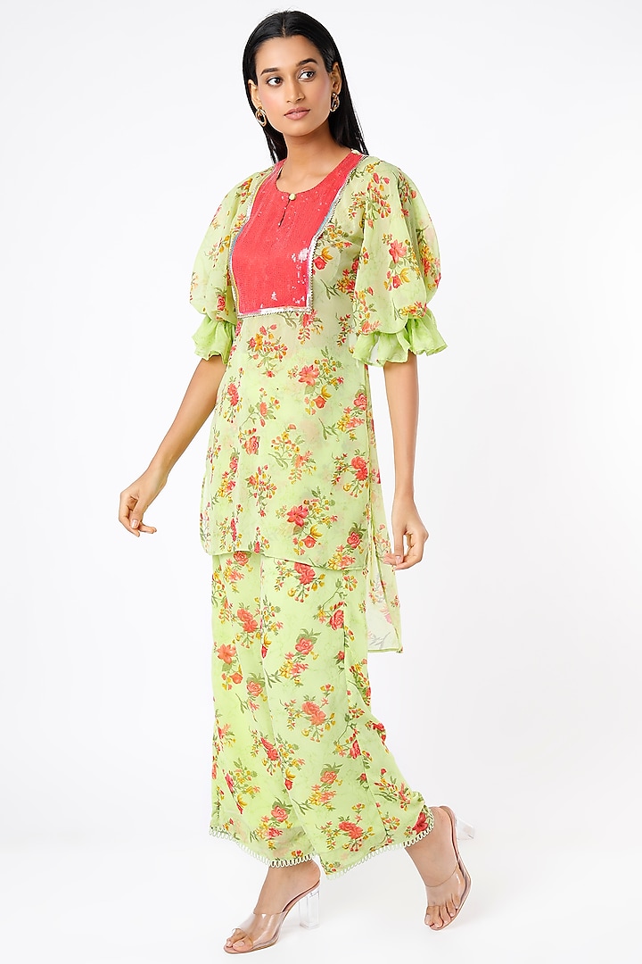 Mint Floral Printed Tunic Set by Namah By Parul Mongia