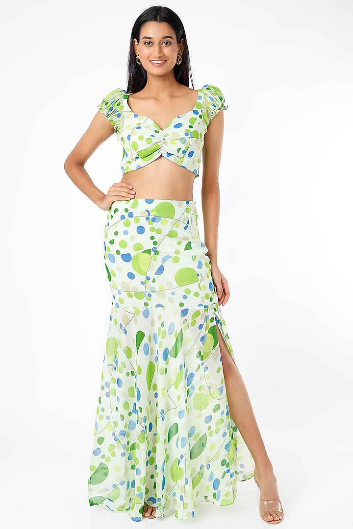 Off-White Polka Dotted Fish-Cut Skirt Set by Namah By Parul Mongia