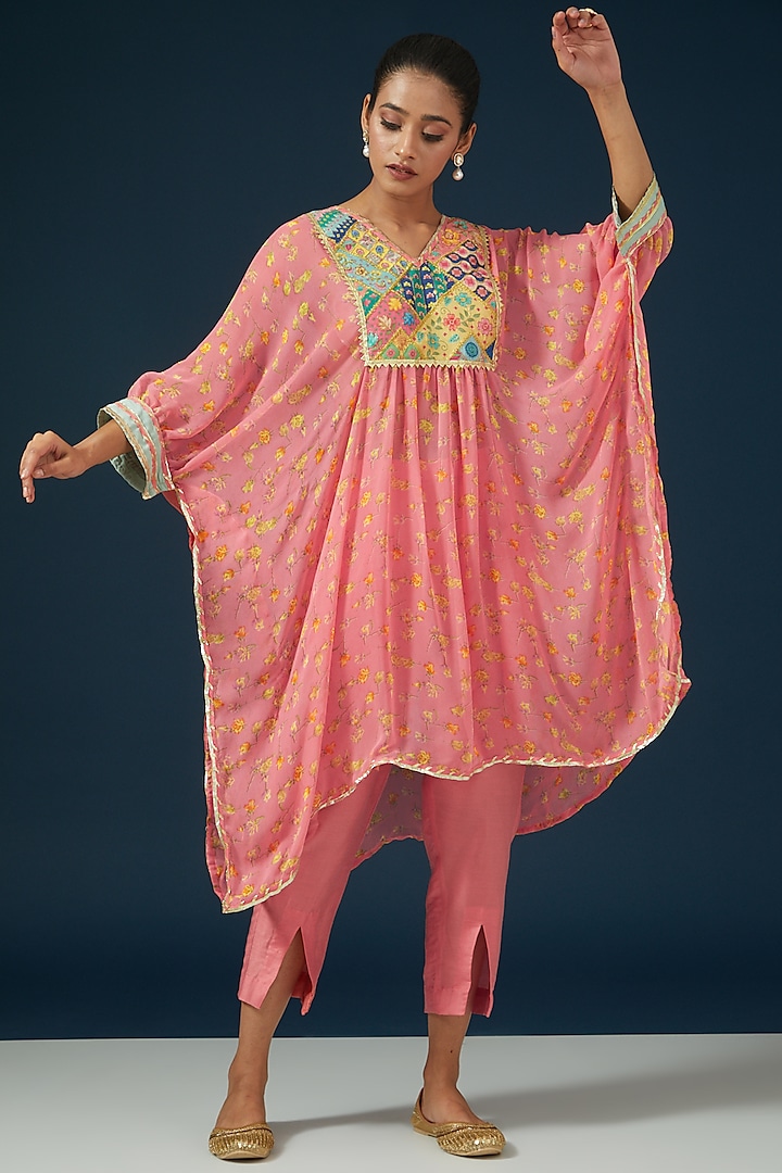 Peach Georgette Embroidered & Printed Kaftan Set by Namah By Parul Mongia