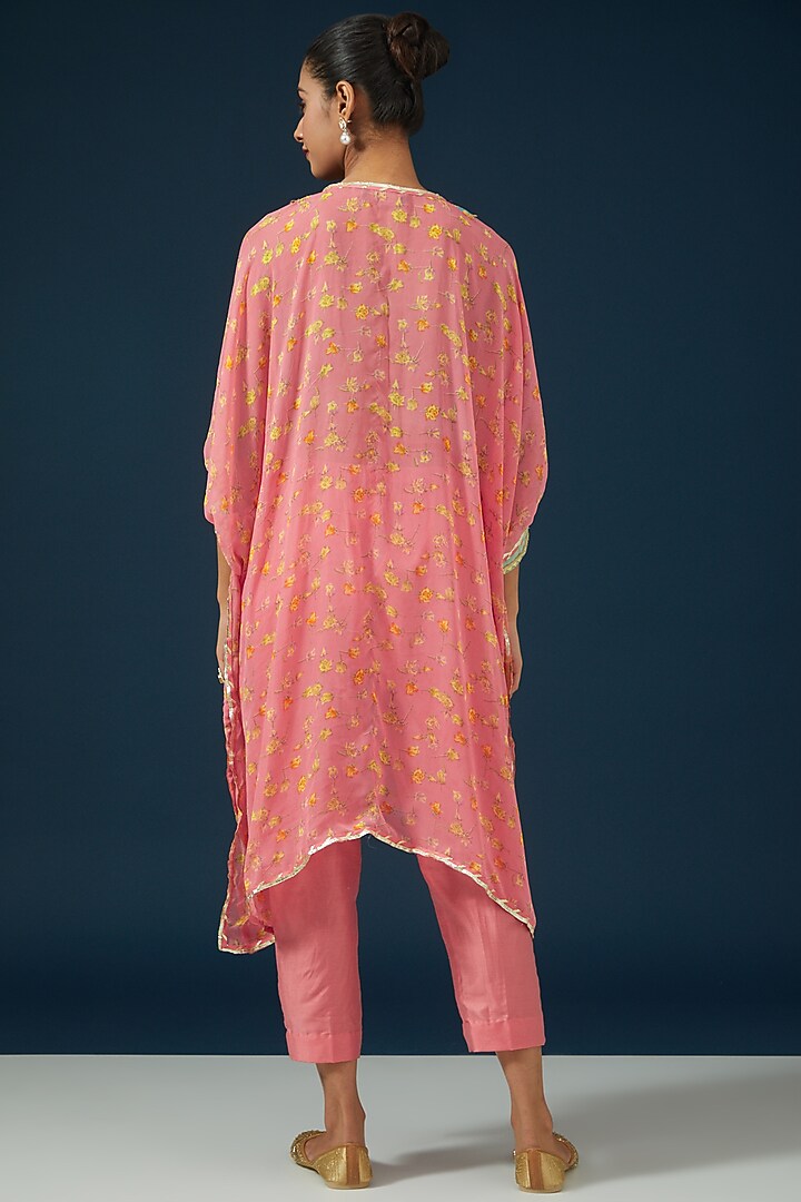 Peach Georgette Embroidered & Printed Kaftan Set by Namah By Parul Mongia at Pernia's Pop Up Shop