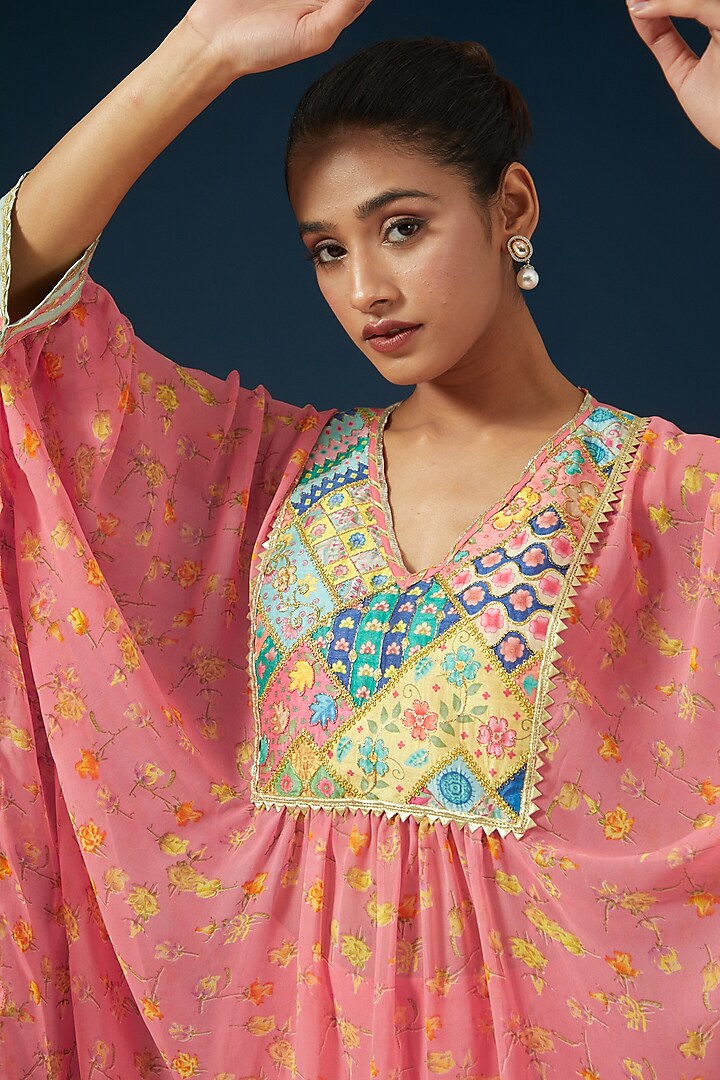 Peach Georgette Embroidered & Printed Kaftan Set by Namah By Parul Mongia at Pernia's Pop Up Shop