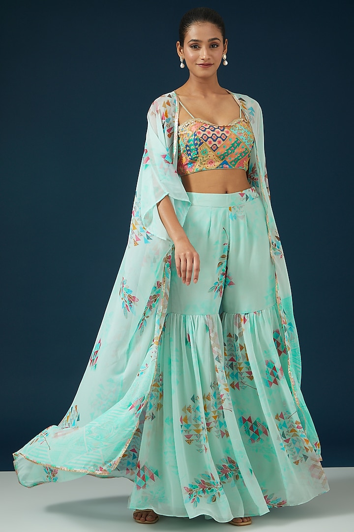 Sky Blue Silk Printed Cape Set by Namah By Parul Mongia