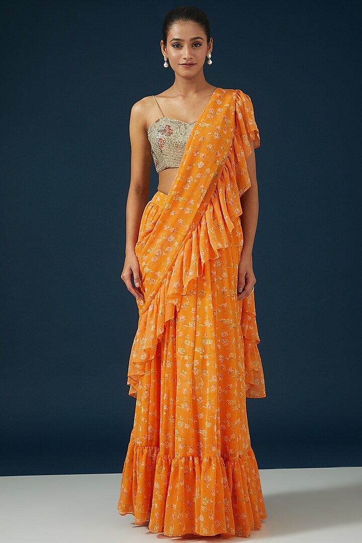 Orange Georgette Floral Printed Ruffled Saree Set by Namah By Parul Mongia