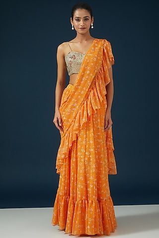 Orange Georgette Floral Printed Ruffled Saree Set by Namah By Parul Mongia