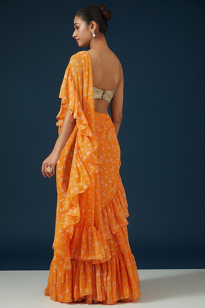 Orange Georgette Floral Printed Ruffled Party Wear Saree Set by Namah By Parul Mongia at Pernia's Pop Up Shop