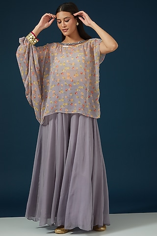 Lavender Grey Georgette Sharara Set by Namah By Parul Mongia