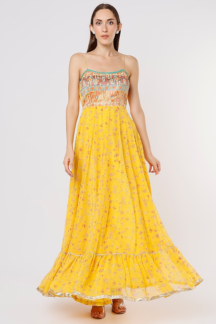 Yellow Printed Maxi Dress by Namah By Parul Mongia