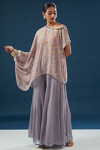 Lavender Grey Georgette Sharara Set by Namah By Parul Mongia