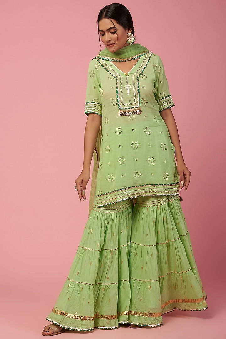 Mint Green Cotton Party Wear Sharara Set by Namah By Parul Mongia at Pernia's Pop Up Shop