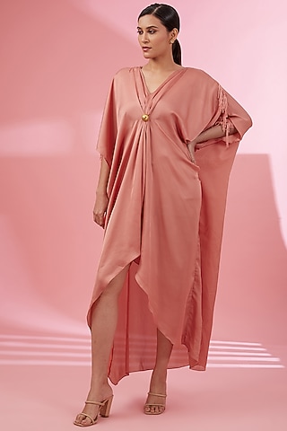 Salmon Peach Satin Draped Kaftan by Namah By Parul Mongia