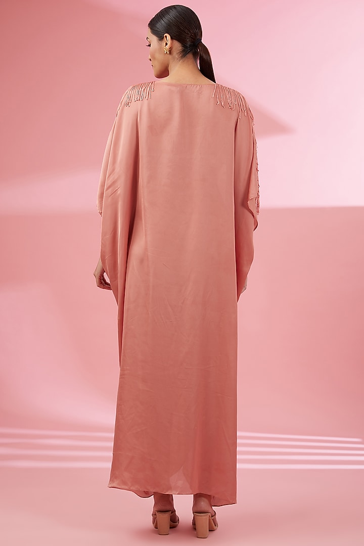 Salmon Peach Satin Draped Kaftan by Namah By Parul Mongia at Pernia's Pop Up Shop