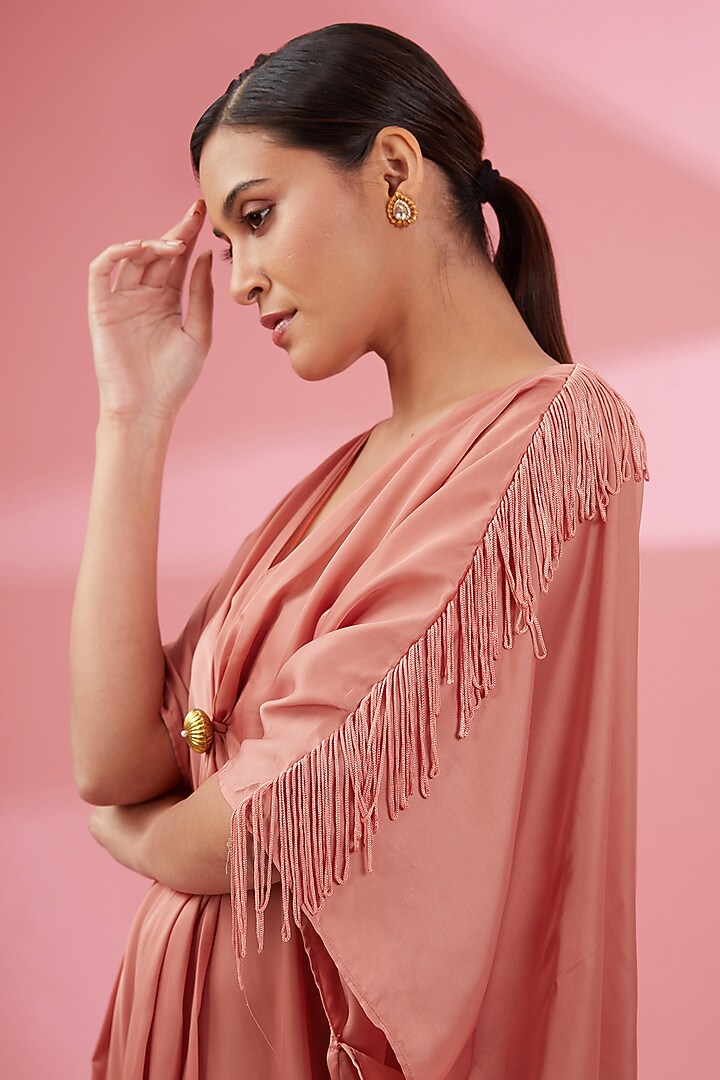 Salmon Peach Satin Draped Kaftan by Namah By Parul Mongia at Pernia's Pop Up Shop