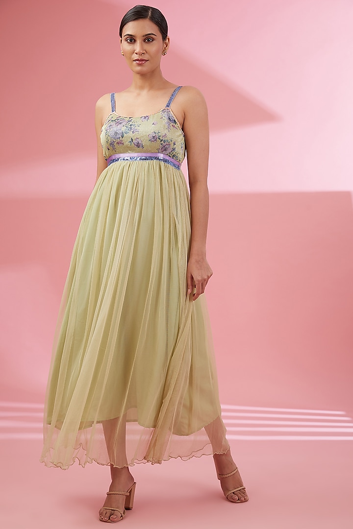 Pale Mint Tulle & Shimmer Lycra Maxi Dress by Namah By Parul Mongia