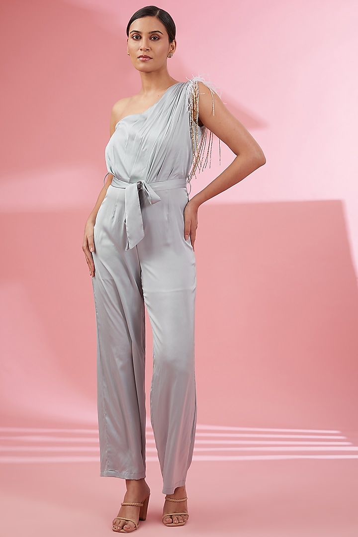 Ice Blue Armani Satin One-Shoulder Jumpsuit by Namah By Parul Mongia