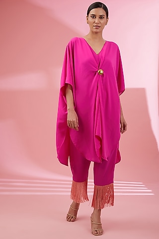 Fuchsia Pink Poly Crepe Kaftan Set by Namah By Parul Mongia