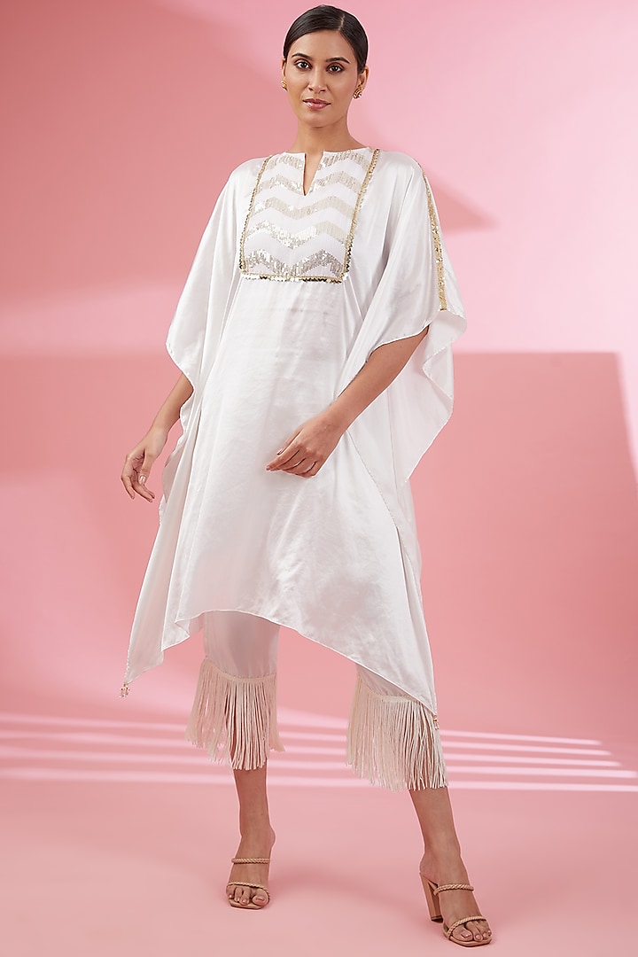 Ivory Satin Sequins Embroidered Kaftan Set by Namah By Parul Mongia at Pernia's Pop Up Shop