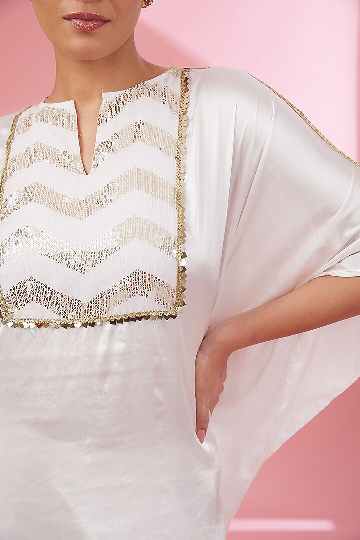 Ivory Satin Sequins Embroidered Kaftan Set by Namah By Parul Mongia at Pernia's Pop Up Shop