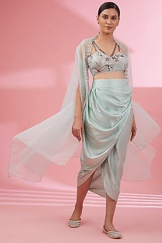 Ice Blue Satin Draped Skirt Set by Namah By Parul Mongia