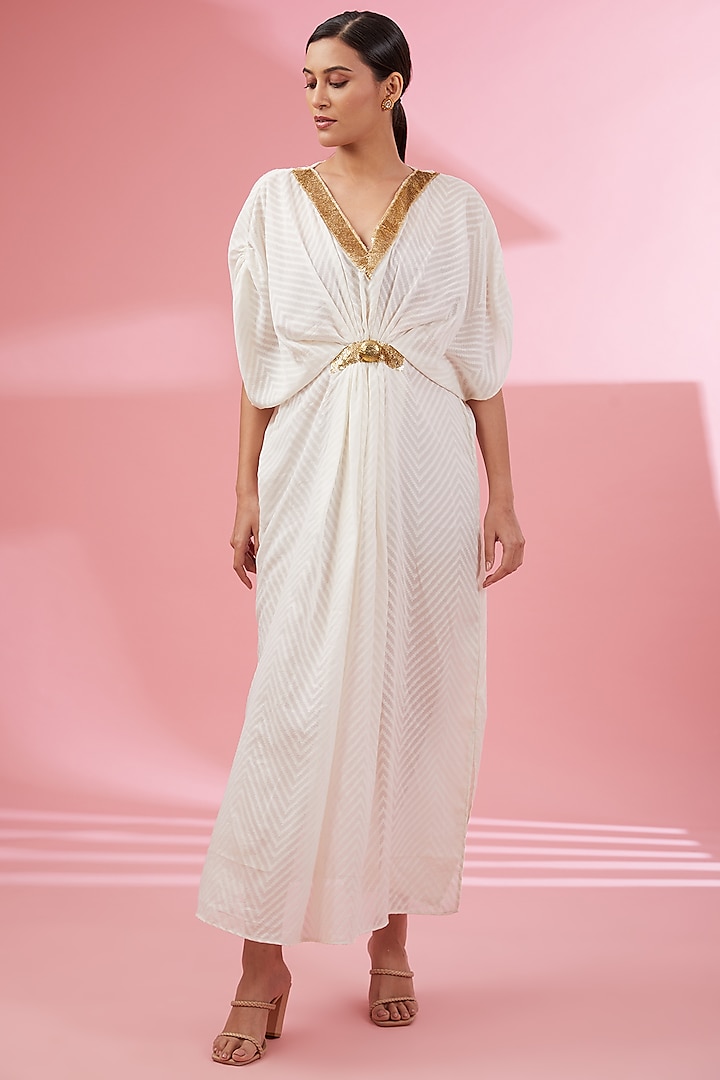 Ivory Woven Cotton Chiffon Kaftan by Namah By Parul Mongia at Pernia's Pop Up Shop