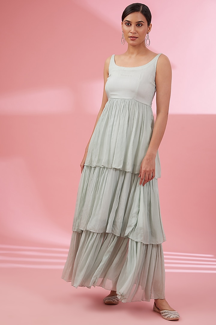 Ice Blue Butter Silk Tiered Maxi Dress by Namah By Parul Mongia