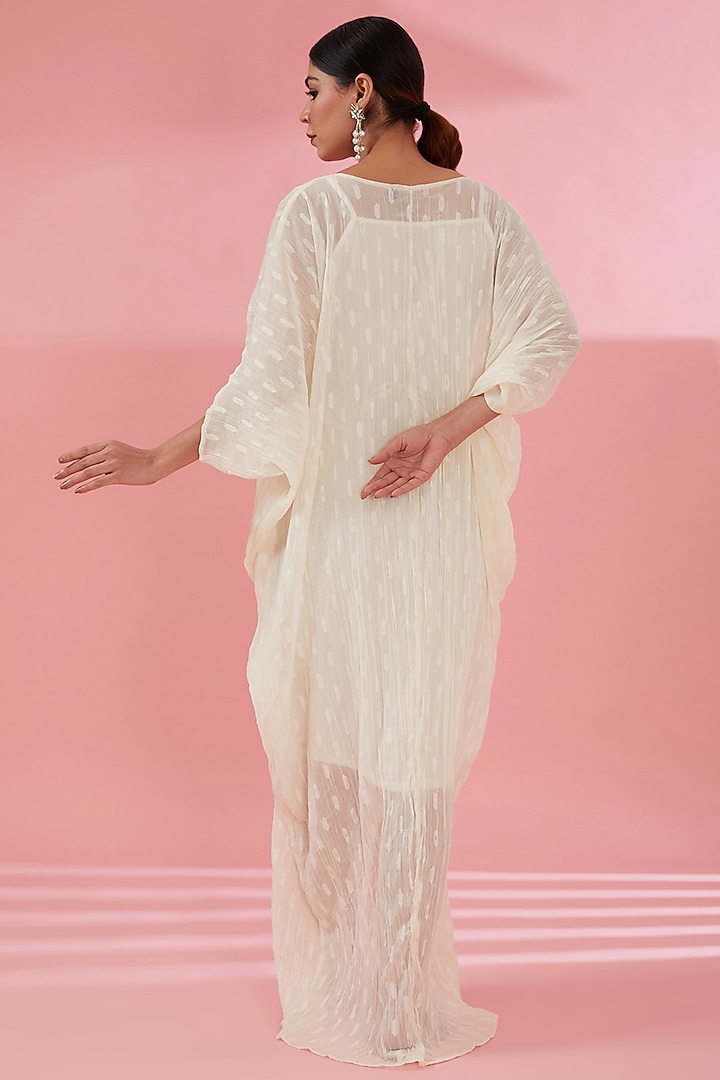Cream Crinkle Poly Chiffon Pearl Embroidered Kaftan by Namah By Parul Mongia at Pernia's Pop Up Shop