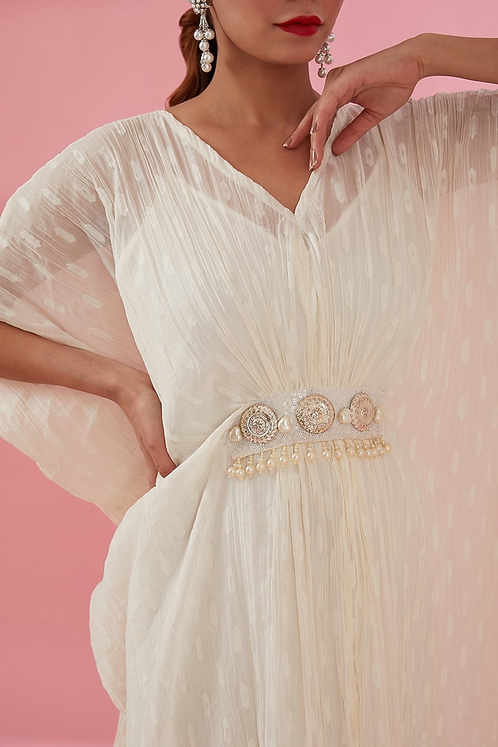 Cream Crinkle Poly Chiffon Pearl Embroidered Kaftan by Namah By Parul Mongia at Pernia's Pop Up Shop