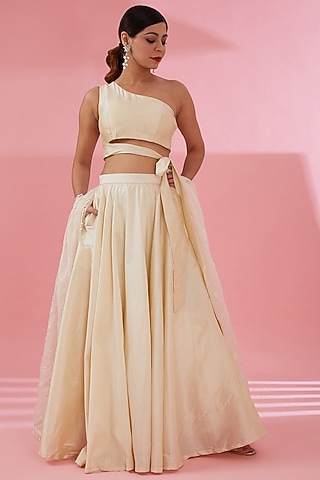 Cream Taffeta Silk Lehenga Set by Namah By Parul Mongia